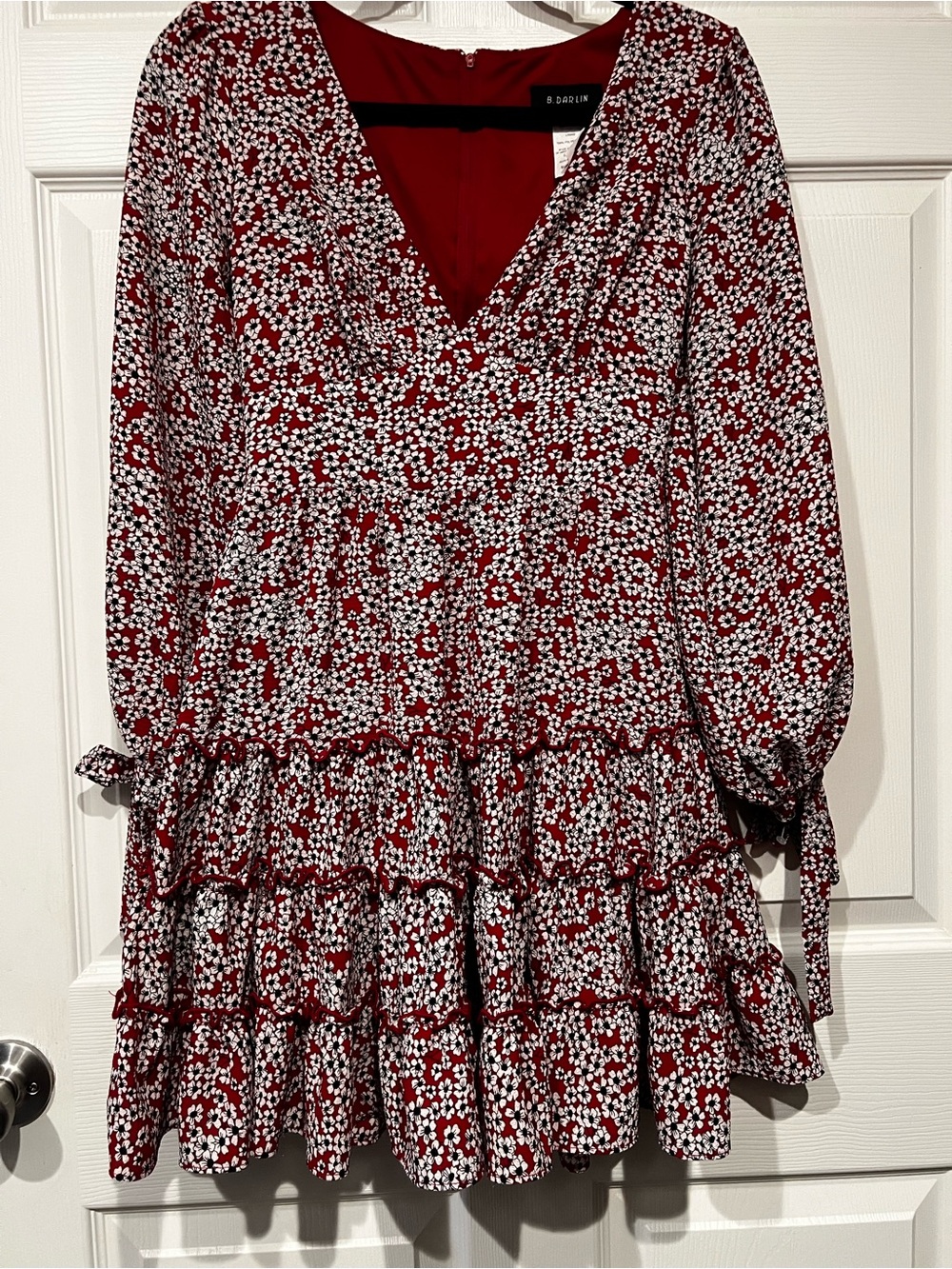 B Darlin Red and White Floral V-Neck Tiered Long Sleeve Dress